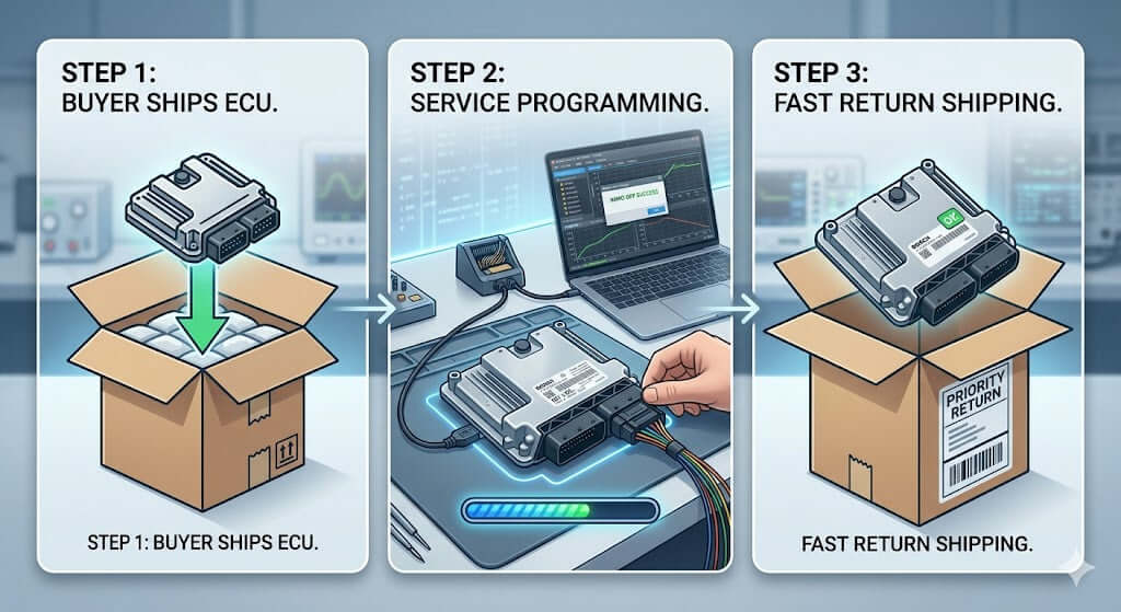 Steps for ME7.5 Immo Off Service: 1. Buyer ships ECU. 2. Service programming. 3. Fast return shipping.