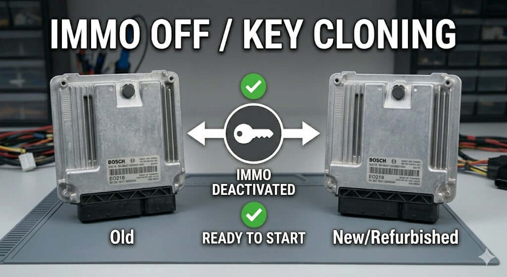 EDC16 Immo Off service showing old and new ECU for immobiliser deactivation and key cloning.