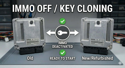 EDC16 Immo Off service showing old and new ECU for immobiliser deactivation and key cloning.