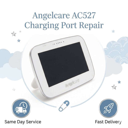 Angelcare AC527 monitor displaying charging port repair service details for fast delivery and same day service.