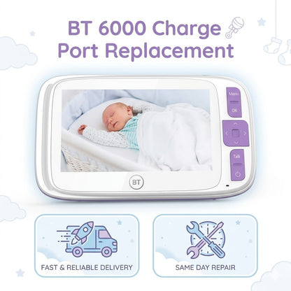 BT 6000 Monitor showing charge port replacement service with infant monitor features and service icons.