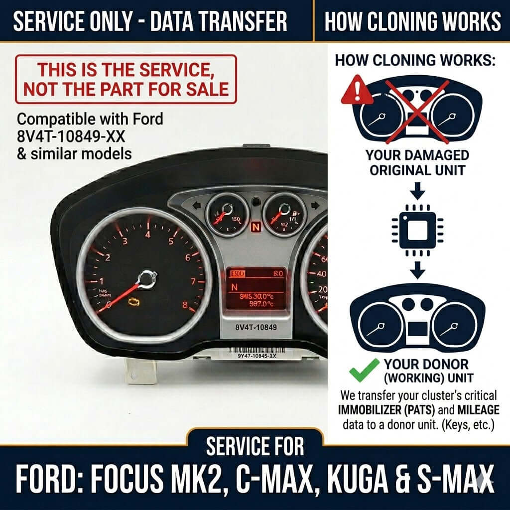 Image showcasing the Cloning Service for Ford Focus MK2, C-Max, Kuga, S-Max Instrument Cluster transfer process.