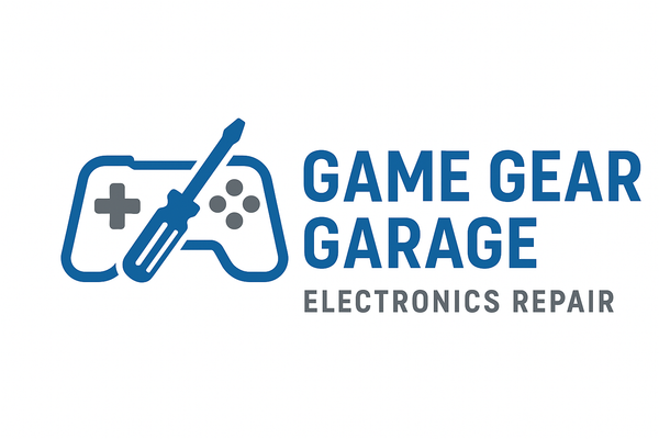 Logo of Game Gear Garage Electronics Repair with a stylized game controller and screwdriver on a white background.