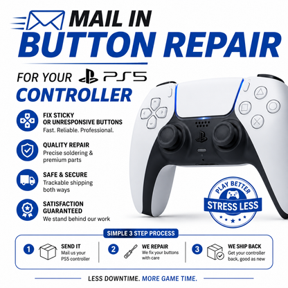Mail in PS5 controller button repair service infographic highlighting features and benefits