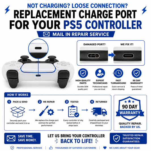 Replacement charge port service for PS5 controller. Fix your charging port issues quickly and affordably.