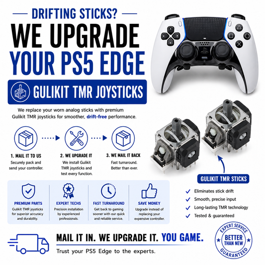 PS5 Edge Gulikit TMR Joystick Upgrade with graphics showcasing joystick replacement and features.
