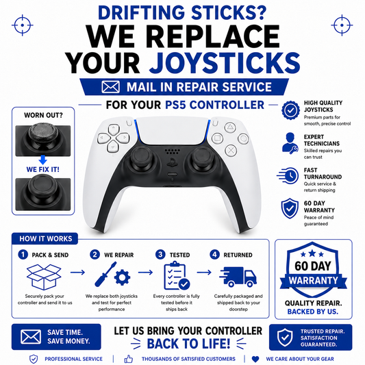 PS5 stick drift repair service graphic illustrating joystick replacement steps and warranty information.