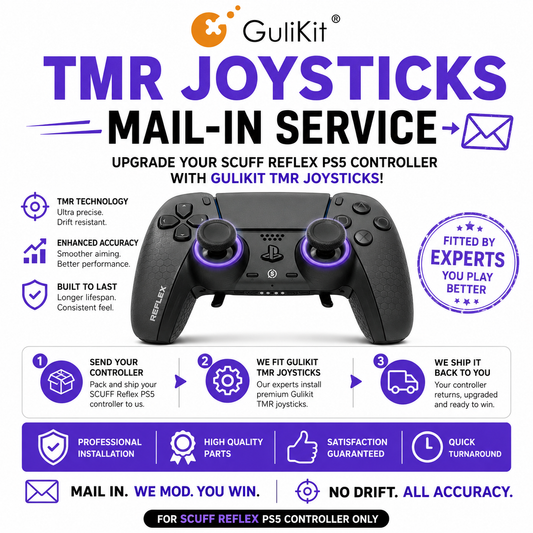 Gulikit TMR joystick upgrade mail-in service for Scuf Reflex PS5 controller featuring installation details and professional guarantee.