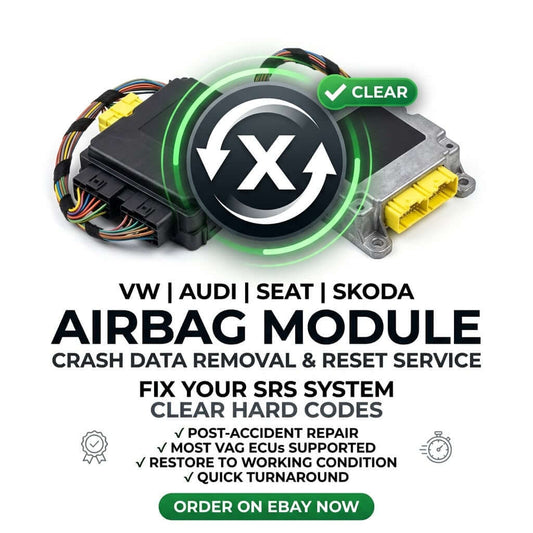 Crash data removal service for VW, Audi, Seat, Skoda airbag module with reset and repair options.