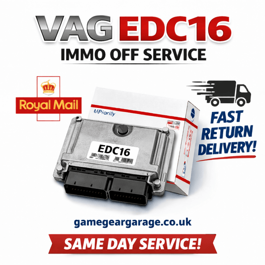 VAG EDC16 Immo Off service ECU with delivery options and branding for gamegeargarage.co.uk
