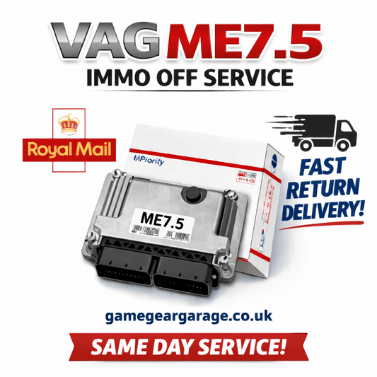 VAG ME7.5 Immo Off Service box with ECU, Royal Mail logo, and fast delivery message, promoting same day service.