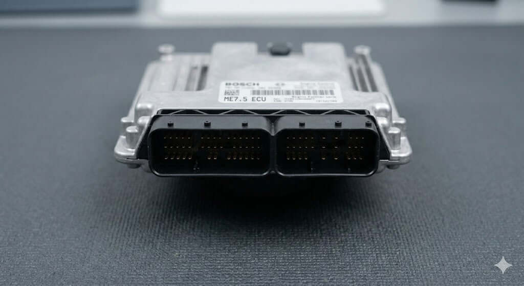 ME7.5 Immo Off Service Bosch ECU with two connectors viewed from the front.