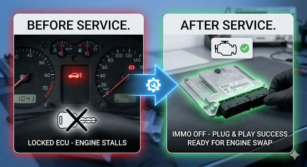 Before and after comparison of ME7.5 Immo Off Service showing locked ECU and successful engine swap readiness.