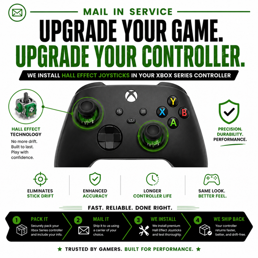 Xbox Series Controller upgrade service with Hall Effect joystick installation for enhanced gaming experience.